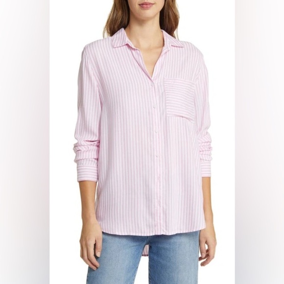 Beachlunchlounge Women's L Pink Striped Button-Up Shirt Long Sleeve Rayon Beach - Picture 1 of 10